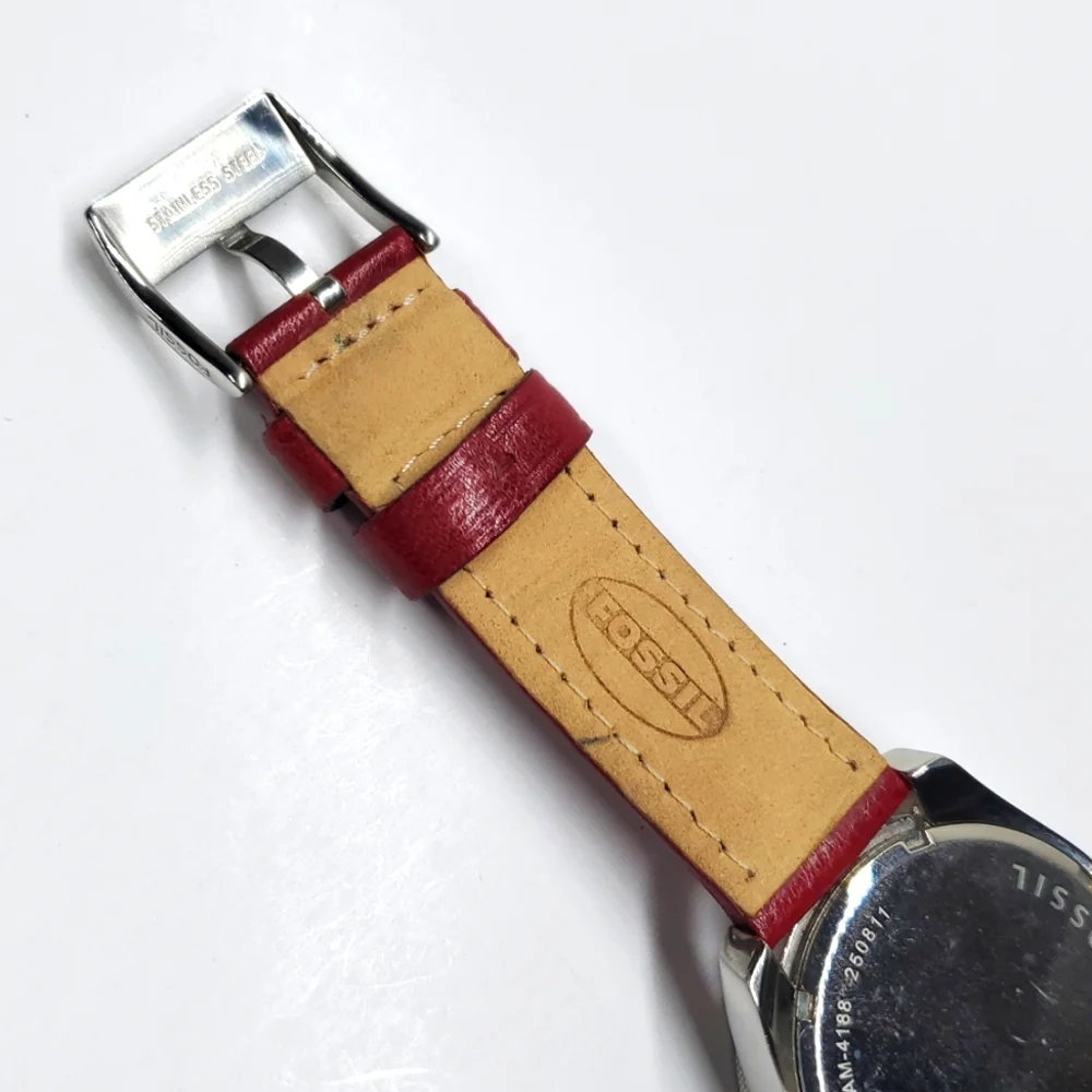 Fossil Watch AM-4188 Silver Watch Red Leather Band Crystal Bling
